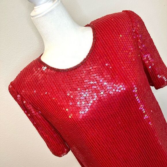 JEAN for JOSEPH Le BON Red Vintage Sequin Women’s Silk Formal Blouse Size Small - Picture 3 of 9